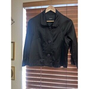 MSK Cropped Satin Women‎ Sz Medium Shiny Black Blazer Jacket 3/4 Sleeves